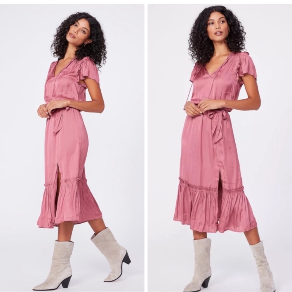 PAIGE Laramie Midi Dress XL | Rose Hue Tiered Flutter Sleeve Cottagecore Vibes